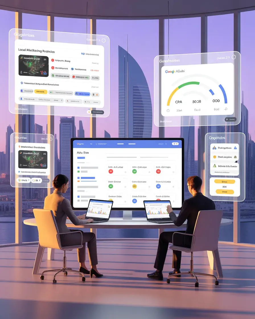 Google Ads package deliverables for Abu Dhabi businesses showing keyword targeting, Quality Score optimization, and conversion tracking metrics