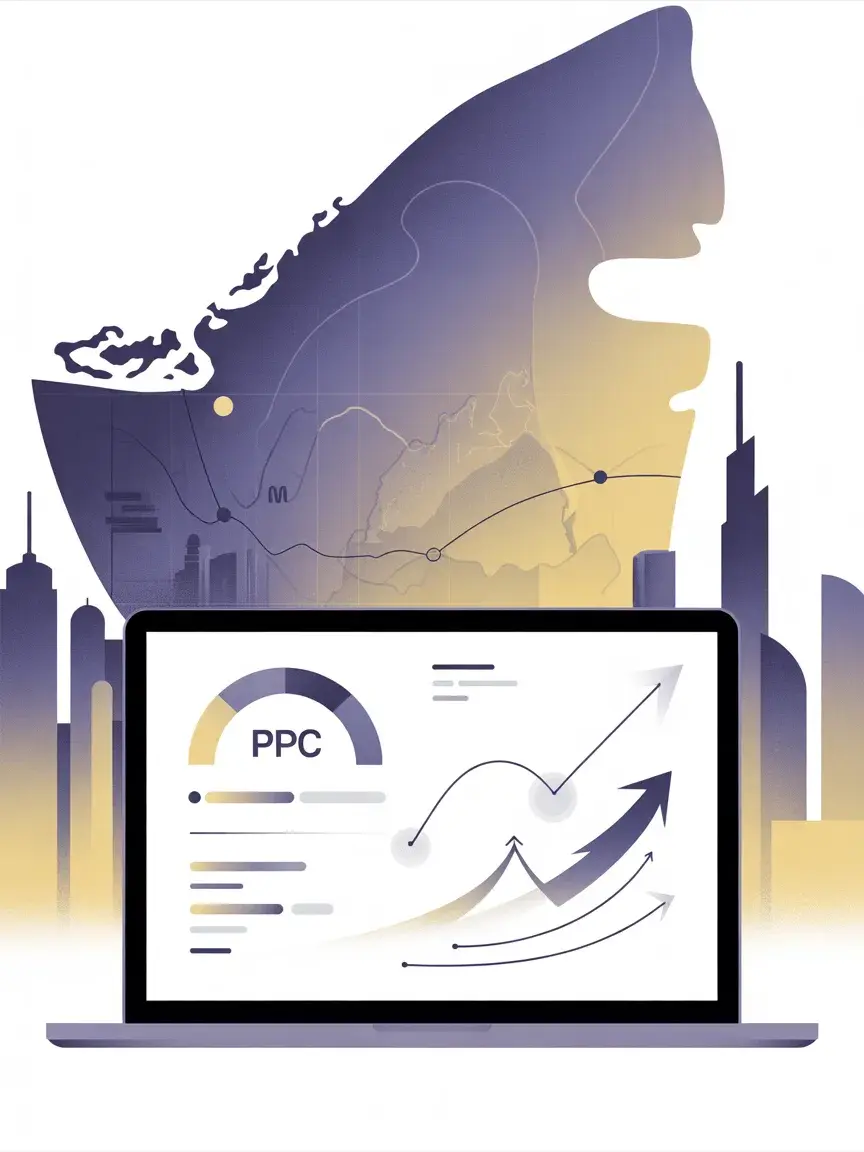Google Ads cost analysis dashboard for Abu Dhabi businesses showing CPC, conversion tracking, and ROI optimization
