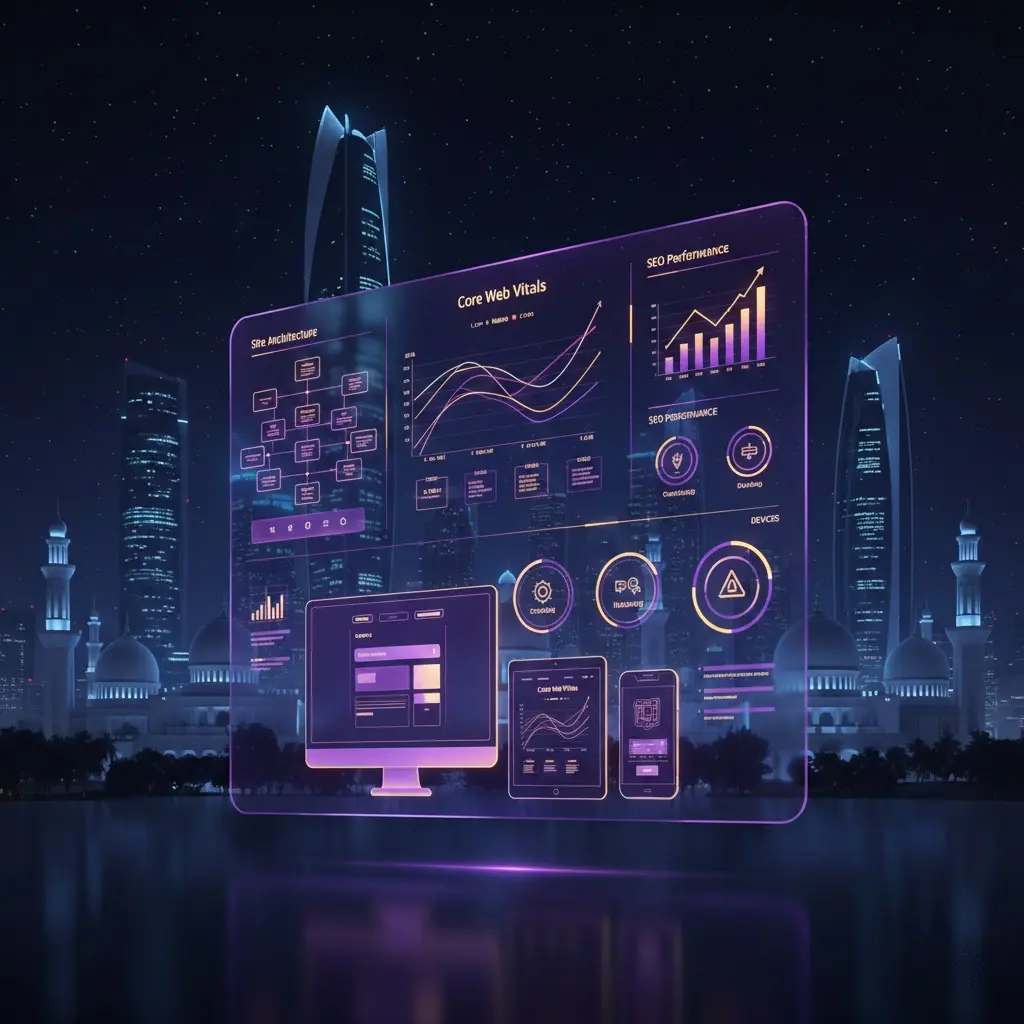 Technical SEO services dashboard in Abu Dhabi showing website optimization, analytics, and performance improvements
