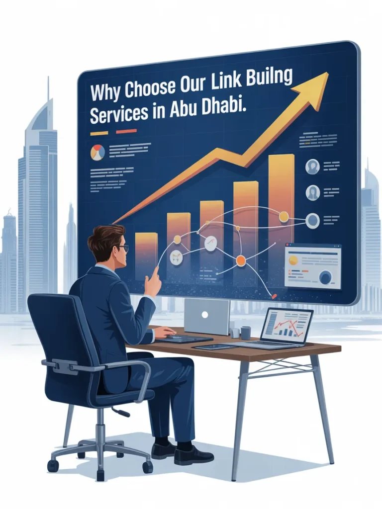 Why Choose Our Link Building Services in Abu Dhabi - SEO Expert Presenting Growth Analytics and Backlink Strategy Dashboard