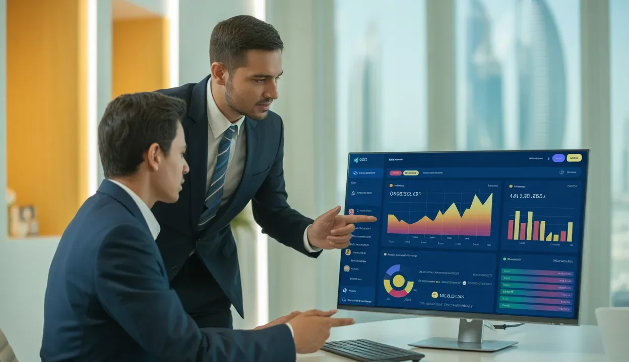 Social media marketing company in Abu Dhabi team analyzing performance metrics and ROI dashboard for client campaign